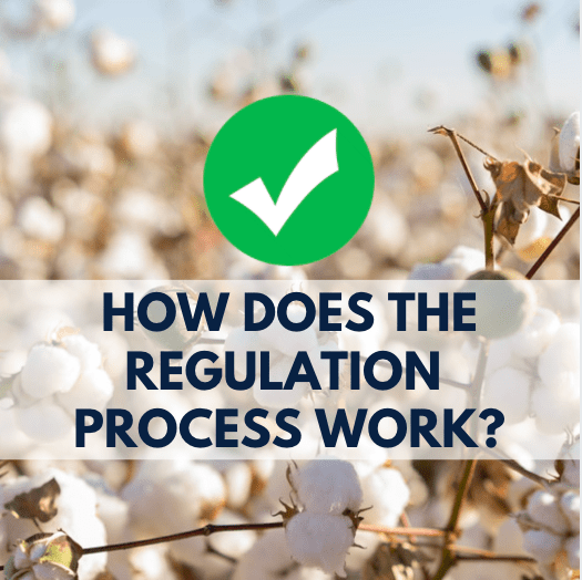 cotton field, green checkmark, and navy blue text