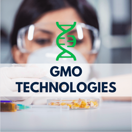 girl with goggles looking at corn kernels in the lab, DNA strand and navy blue text