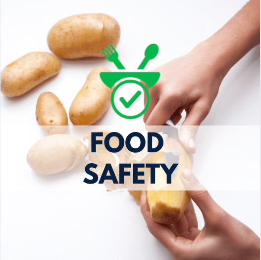 hands peeling potatoes, food plate icon, and navy blue text